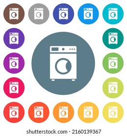 Washing machine flat white icons on round color backgrounds. 17 background color variations are included.
