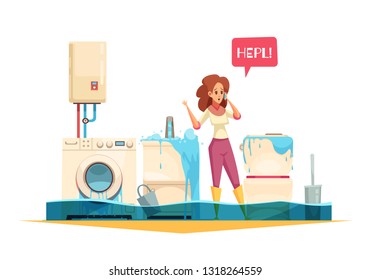 Washing machine flooding sink overflow pipe leaks emergency cartoon composition with woman calling plumber service vector illustration