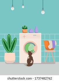 Washing machine, flower, Laundry and cat. Cute cartoon flat vector illustration.