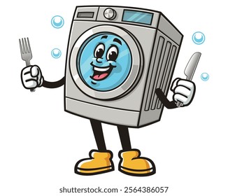 Washing Machine with fork and knife,  Cartoon Character Mascot Illustration Vector Clip-art Hand-drawn Logo Design