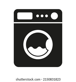 Washing machine with front door. Isolated web icon. Logo design. Flat vector illustration in black and white. 