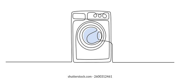 Washing machine with front door in one continuous line drawing. Symbol of home laundry and laundromat in simple linear style. Editable stroke. Doodle vector illustration