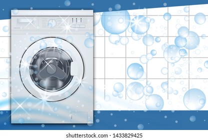 Washing machine front loading in empty laundry room background with soap bubbles. Front view, close-up, closed door. 3d realistic vector illustration.