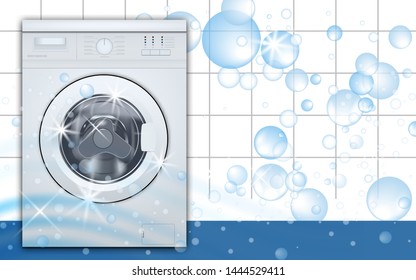 Washing machine front loading in empty laundry room background with soap bubbles. 3d realistic vector illustration. Front view, close-up, closed door.