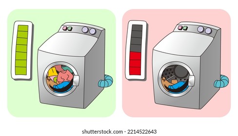 Washing machine full of dirty clothes. Laundry energy saving idea. Vector Illustration.