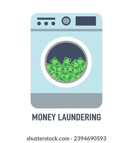 Washing machine full of dollars banknotes. Laundering of money in washer. Dirty money. Hidden wages, salaries black payments, tax evasion, bribe. Anti corruption.