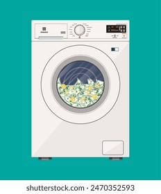 Washing machine full of dollars banknotes. Laundering of money in washer. Dirty money. Hidden wages, salaries black payments, tax evasion, bribe. Anti corruption. Vector illustration in flat style