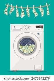 Washing machine full of dollars banknotes. Laundering of money in washer. Dirty money. Hidden wages, salaries black payments, tax evasion, bribe. Anti corruption. Vector illustration in flat style