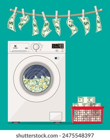 Washing machine full of dollars banknotes. Laundering of money in washer. Dirty money. Hidden wages, salaries black payments, tax evasion, bribe. Anti corruption. Vector illustration in flat style