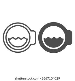 Línea de ventana de vidrio de lavadora e icono sólido, concepto de lavado. Gráficos de Vector. Ventana de la tapa y del agua, muestra del lavado en el fondo blanco, icono del estilo del contorno para el móvil o el Diseño web