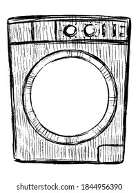 Washing machine. Hand drawn vector contour illustration. Realistic retro graphic drawing isolated on white. Single black doodle element for design prints, poster, decor, typography, card, sticker.