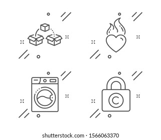 Washing machine, Heart flame and Parcel shipping line icons set. Copyright locker sign. Laundry, Love fire, Send box. Private information. Line washing machine outline icon. Vector