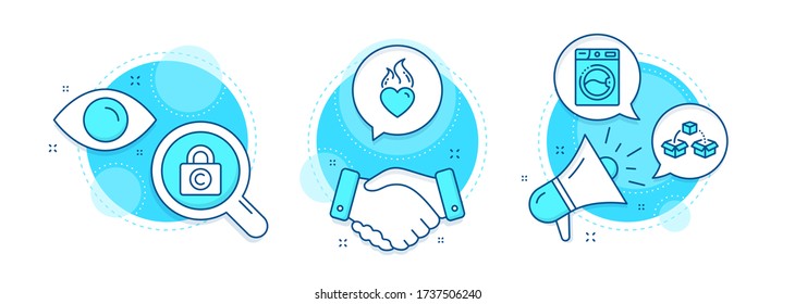 Washing machine, Heart flame and Parcel shipping line icons set. Handshake deal, research and promotion complex icons. Copyright locker sign. Laundry, Love fire, Send box. Private information. Vector