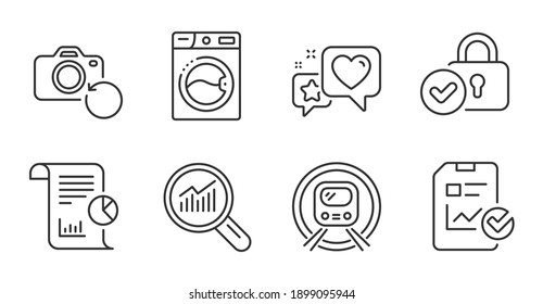 Washing machine, Heart and Verified locker line icons set. Report checklist, Recovery photo and Report signs. Data analysis, Metro subway symbols. Laundry, Star rating, Protection locker. Vector