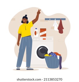 Washing machine at home. Woman smiles and waves her hand while technician washes things. Housewife loaded dirty laundry. Household chores, tasks and routine. Cartoon flat vector illustration