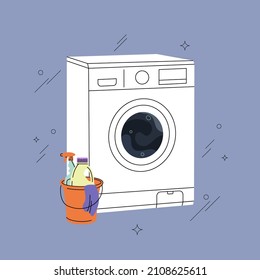 Washing machine with house supply bucket cartoon style illustration. Simple flat and line vector design. Laundry or housekeeping concept.