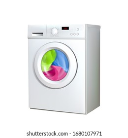 Washing Machine Household Electronic Device Vector. Laundry Service Washing Appliance. Wash And Clean Dirty Color Clothes Electrical Automatical Equipment Template Realistic 3d Illustration