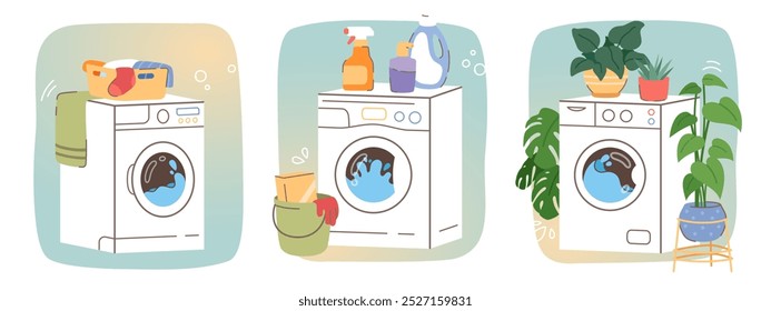 Washing machine for housework, laundry detergent. Electric washer home appliance for housekeeping, basket with clothing. Hygiene, technology for house chores routine flat vector illustration set