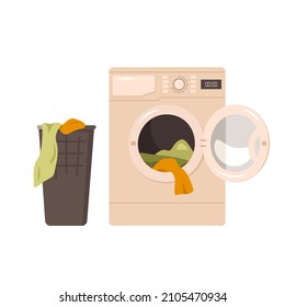 Washing machine icon and basket for dirty clothes. Front view of appliances in the bathroom. Vector flat illustration