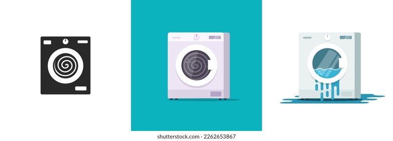 Washing machine icon black simple pictogram, washer broken or breakdown laundromat flat cartoon drawn illustration graphic, laundry water leak sign modern design image set