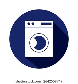Washing machine icon in circle on navy blue background.