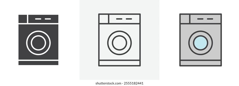 Washing machine icon collection in black and colored style.