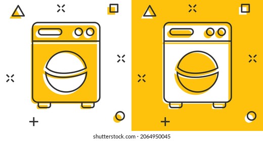Washing machine icon in comic style. Washer cartoon vector illustration on white isolated background. Laundry splash effect business concept.