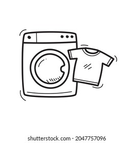 Washing machine icon in doodle style isolated on white background