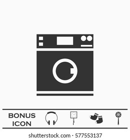 Washing machine icon flat. Black pictogram on white background. Vector illustration symbol and bonus button