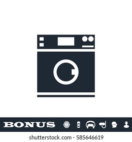 Washing machine icon flat. Black pictogram on white background. Vector illustration symbol and bonus button