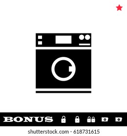 Washing machine icon flat. Black pictogram on white background. Vector illustration symbol and bonus button open and closed lock, folder, star