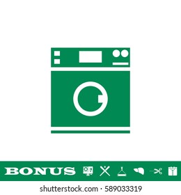 Washing machine icon flat. Green pictogram on white background. Vector illustration symbol and bonus button