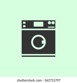 Washing machine icon flat. Grey vector symbol on green background