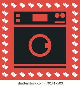 Washing machine icon flat. Simple black pictogram on red background with white hearts for valentines day. Vector illustration symbol