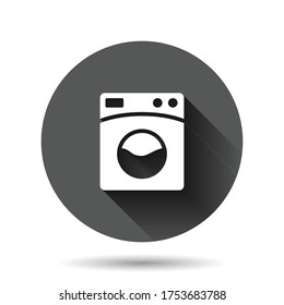 Washing machine icon in flat style. Washer vector illustration on black round background with long shadow effect. Laundry circle button business concept.