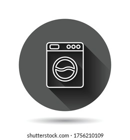 Washing machine icon in flat style. Washer vector illustration on black round background with long shadow effect. Laundry circle button business concept.