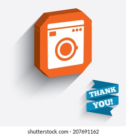 Washing machine icon. Home appliances symbol. White icon on orange 3D piece of wall. Carved in stone with long flat shadow. Vector