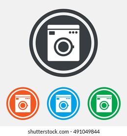 Washing machine icon. Home appliances symbol. Graphic design web element. Flat washing machine symbol on the round button. Vector