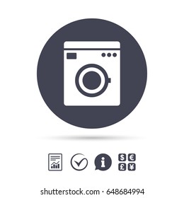 Washing machine icon. Home appliances symbol. Report document, information and check tick icons. Currency exchange. Vector