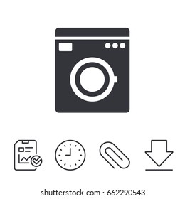 Washing machine icon. Home appliances symbol. Report, Time and Download line signs. Paper Clip linear icon. Vector