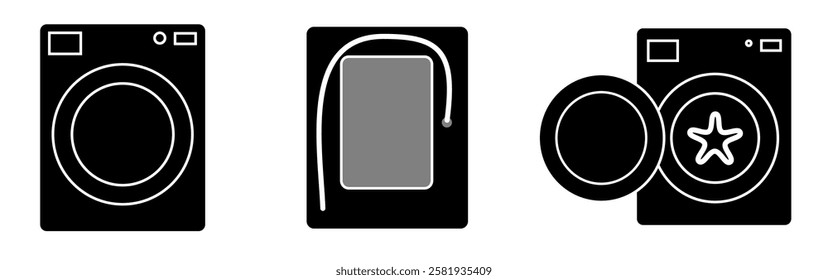 washing machine icon, icons, icon set vector illustration electronics object front look, back look, and inside look 