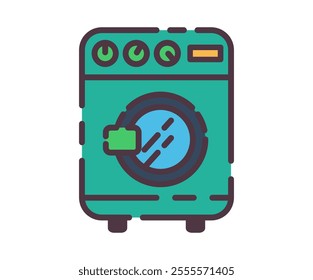 Washing machine icon illustration. Flat line color icon of a teal-colored washing machine icon with buttons and a small, highlighted detergent compartment. Colored outline icon.