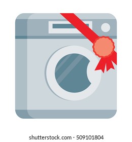 Washing machine icon with label on ribbon. Home appliance for wash flat vector illustration isolated on white background. Best choice, best price, bestseller sign. For store sale and discount promo