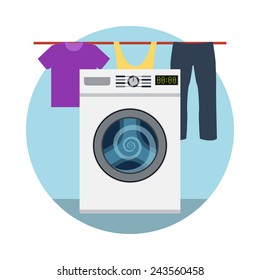 Washing machine icon and laundry designed elements. Flat style vector illustrations.