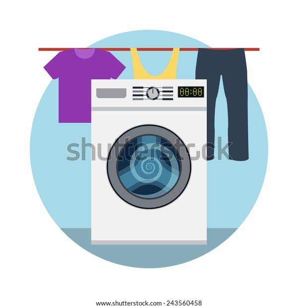 Washing machine icon and laundry designed\
elements. Flat style vector\
illustrations.