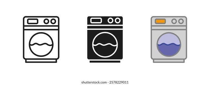 Washing machine icon. Laundry vector illustration. Washer symbol. Household appliance sign. Cleaning and laundering pictogram. Housework and domestic electronic device concept outline, black, colored.