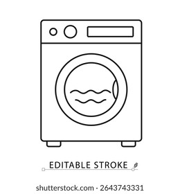 Washing machine icon in minimal linear style with editable stroke. Symbol of laundry, washing, domestic appliances, clothes cleaning, home chores and hygiene visuals. Laundry, appliance.
