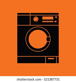 Washing machine icon. Orange background with black. Vector illustration.