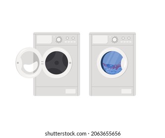 Washing machine icon is running and with open door. Front view of household appliances in bathroom. Vector flat illustration isolated on white background.