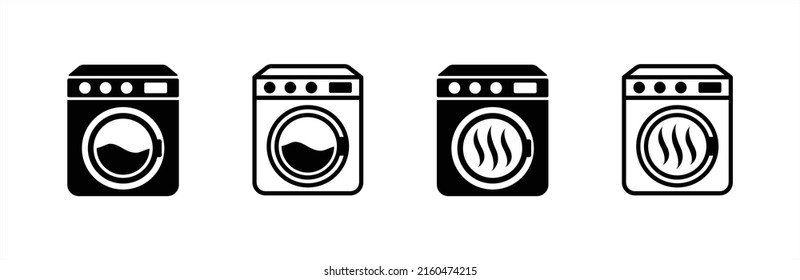 Washing machine icon set. Dryer spinner vector icons set. Laundry clean and dry service sign. Vector stock illustration. Simple flat outline three dimension design.